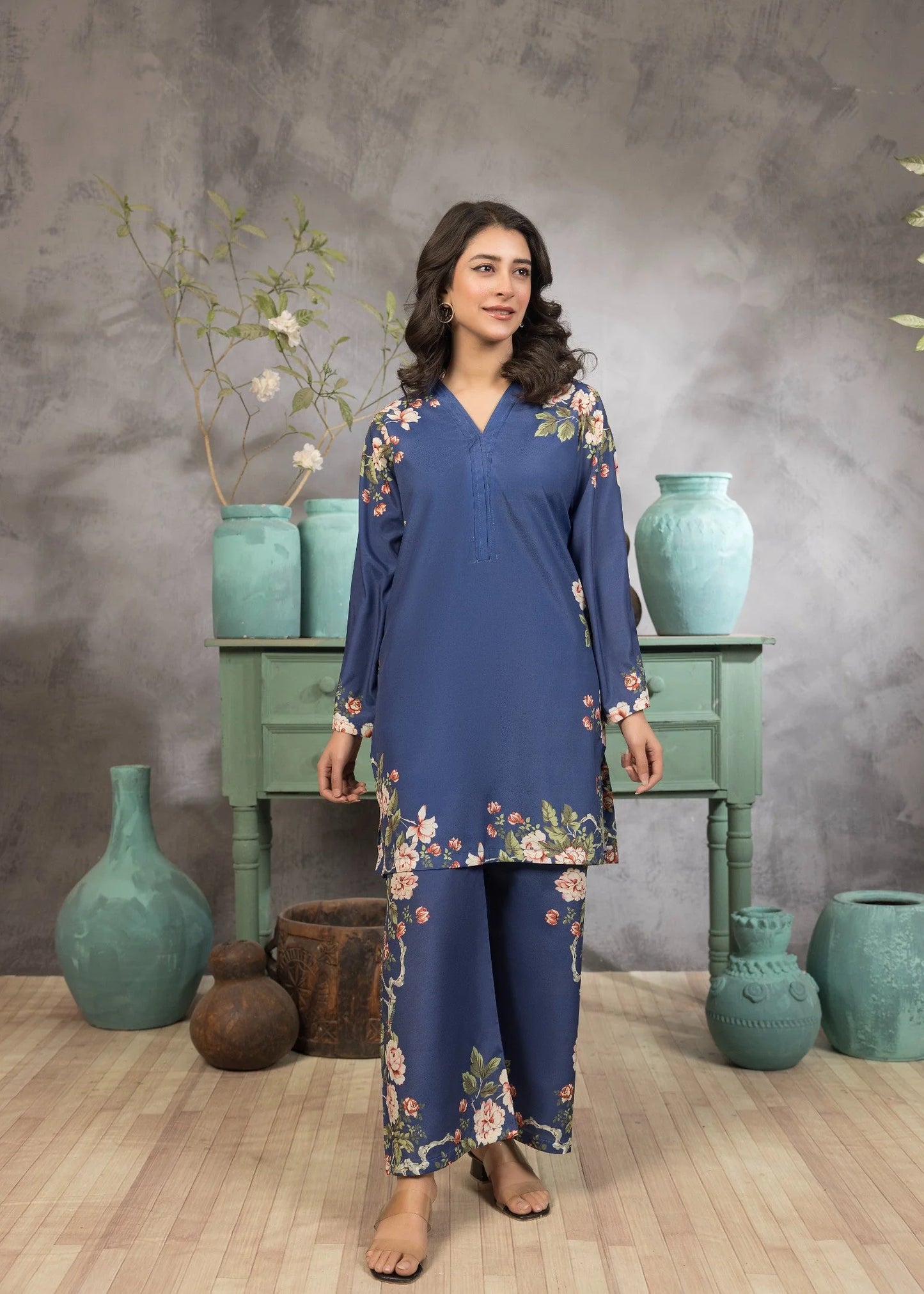 LIGHT BLUE FLORAL BUTTONED 2 PC CO ORD