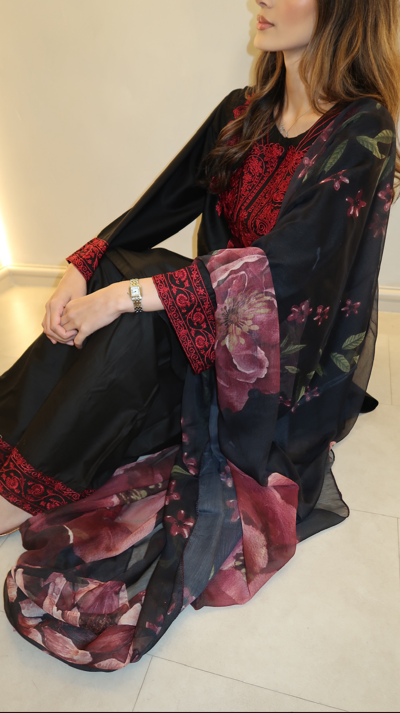 RICH ELEGANT BLACK AND RED SUIT 3PC WITH ROSE PRINT DUPATTA