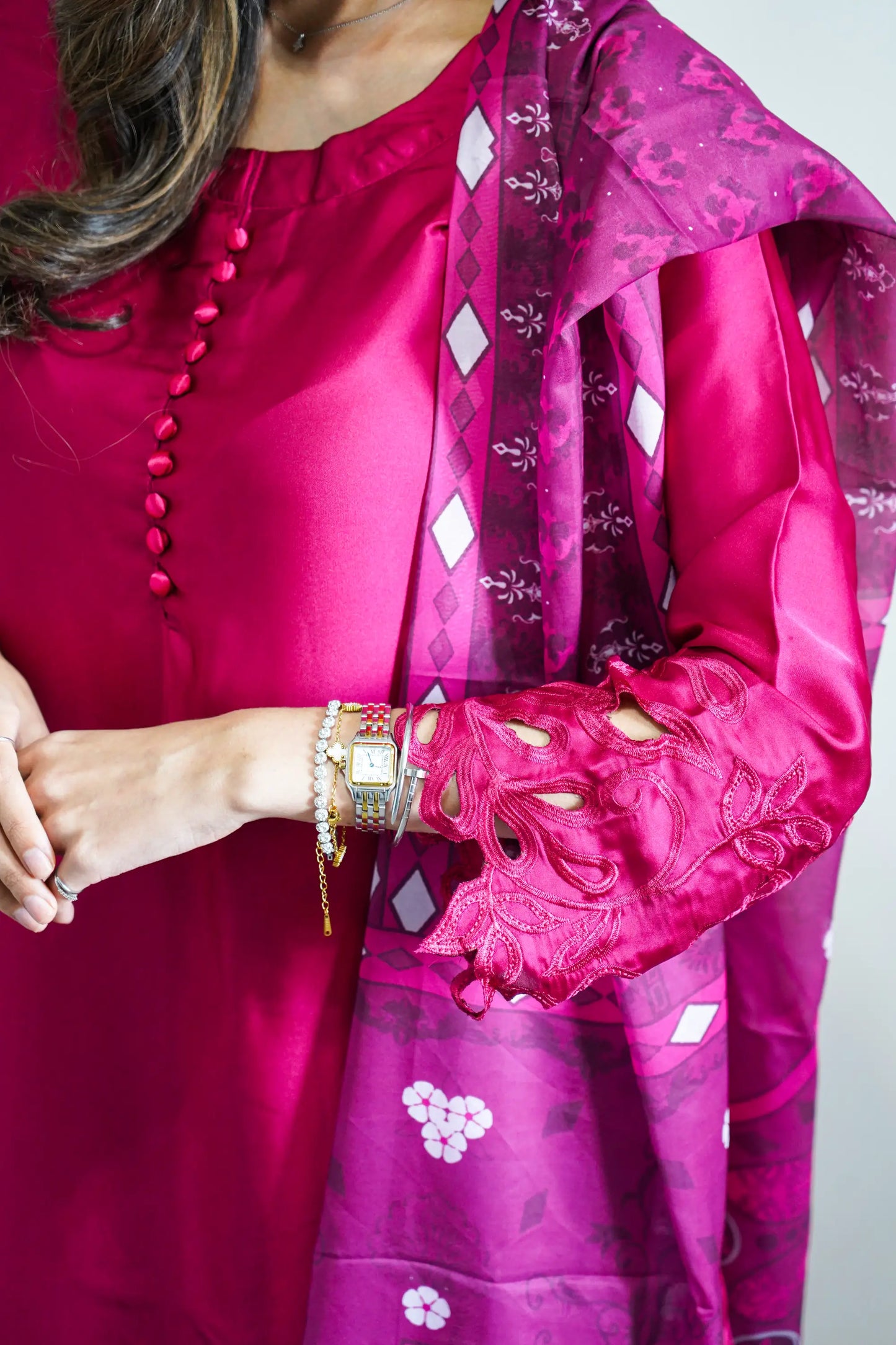 Hot Pink Embroidered 3PC Co ord