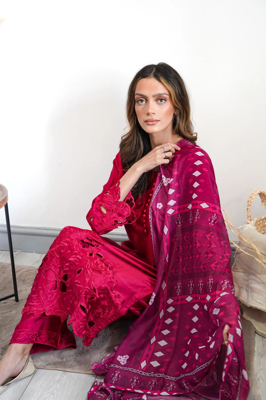 Hot Pink Embroidered 3PC Co ord