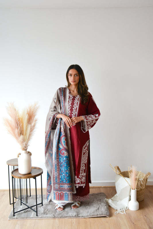 BURGUNDY EMBROIDERED 3 PC