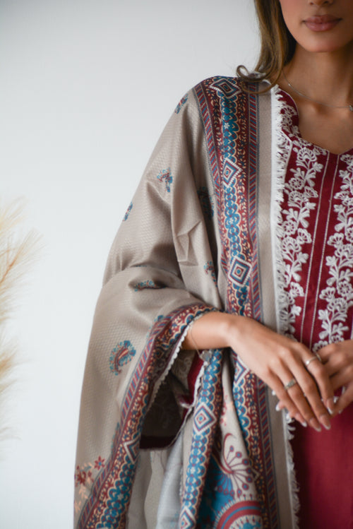 BURGUNDY EMBROIDERED 3 PC