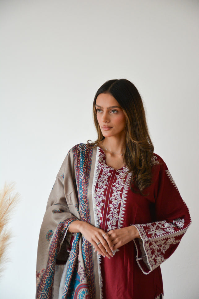 BURGUNDY EMBROIDERED 3 PC