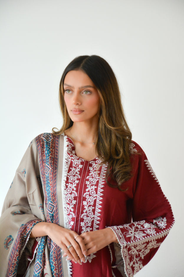 BURGUNDY EMBROIDERED 3 PC