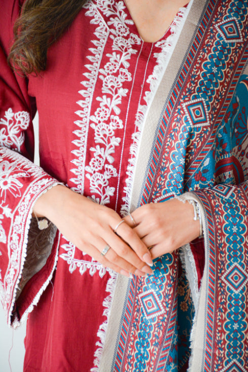 BURGUNDY EMBROIDERED 3 PC