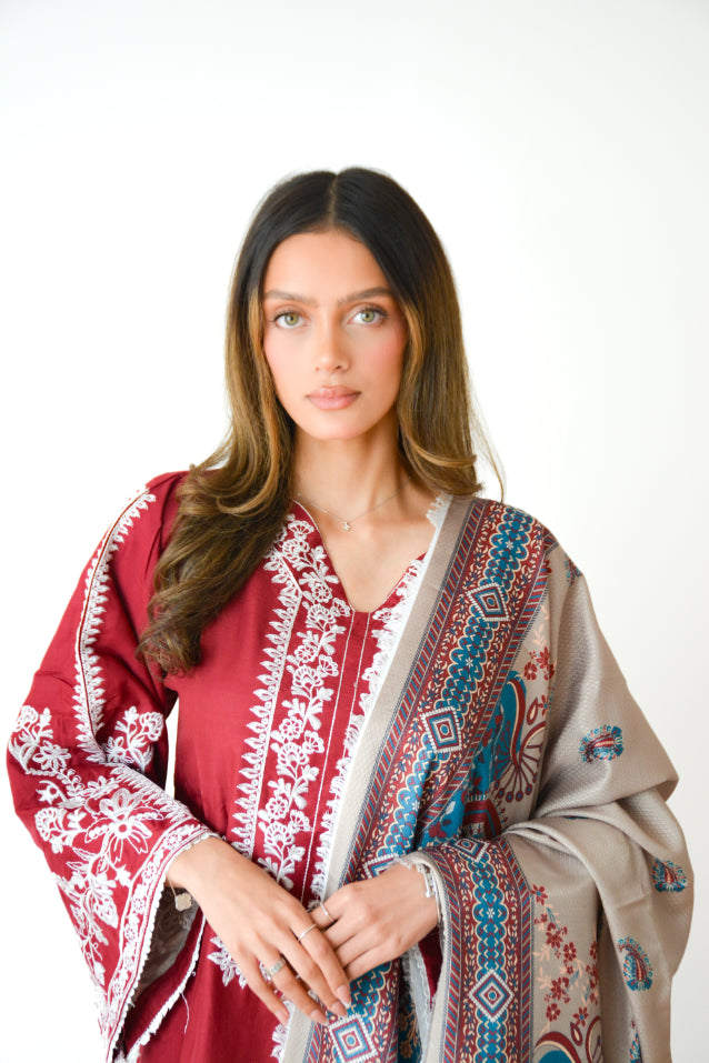 BURGUNDY EMBROIDERED 3 PC