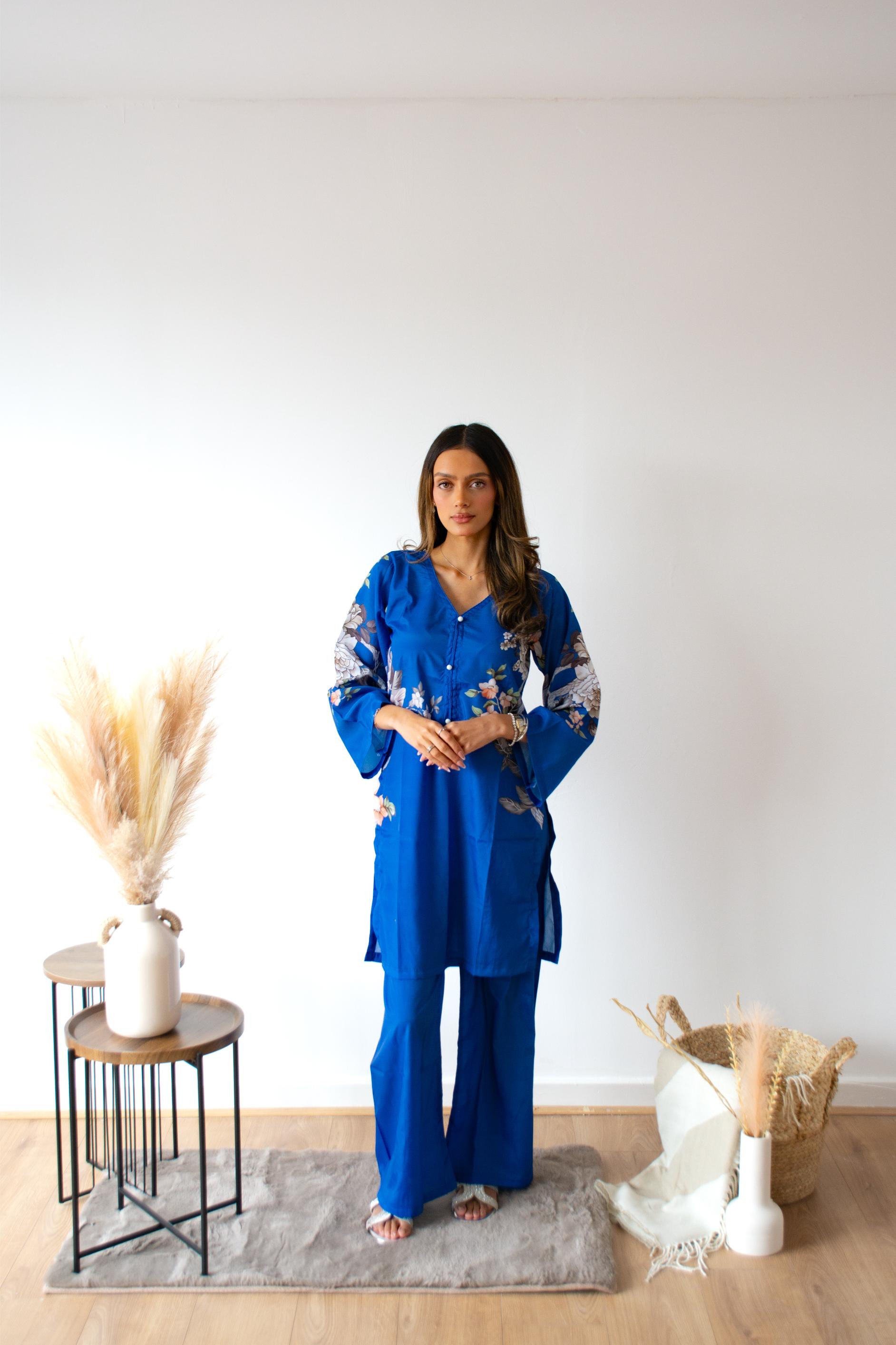 LIGHT BLUE FLORAL BUTTONED 2 PC CO ORD