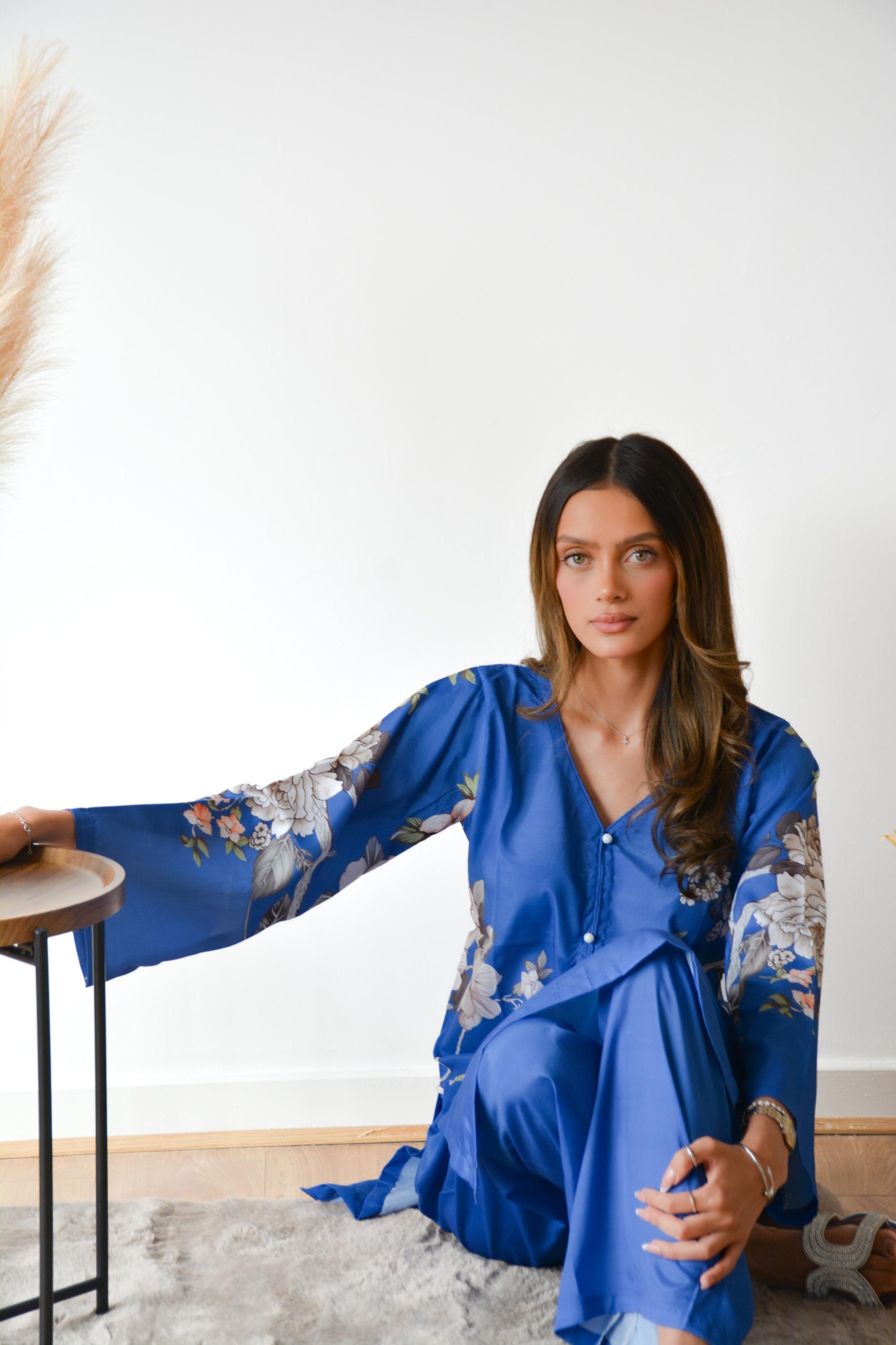 LIGHT BLUE FLORAL BUTTONED 2 PC CO ORD