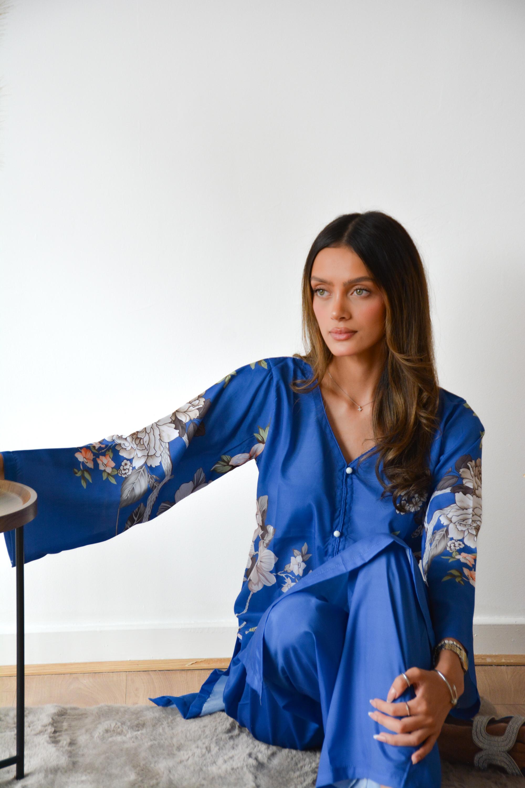 LIGHT BLUE FLORAL BUTTONED 2 PC CO ORD