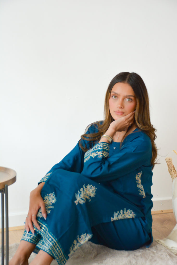 TEAL EMBROIDERED 2 PC CO ORD