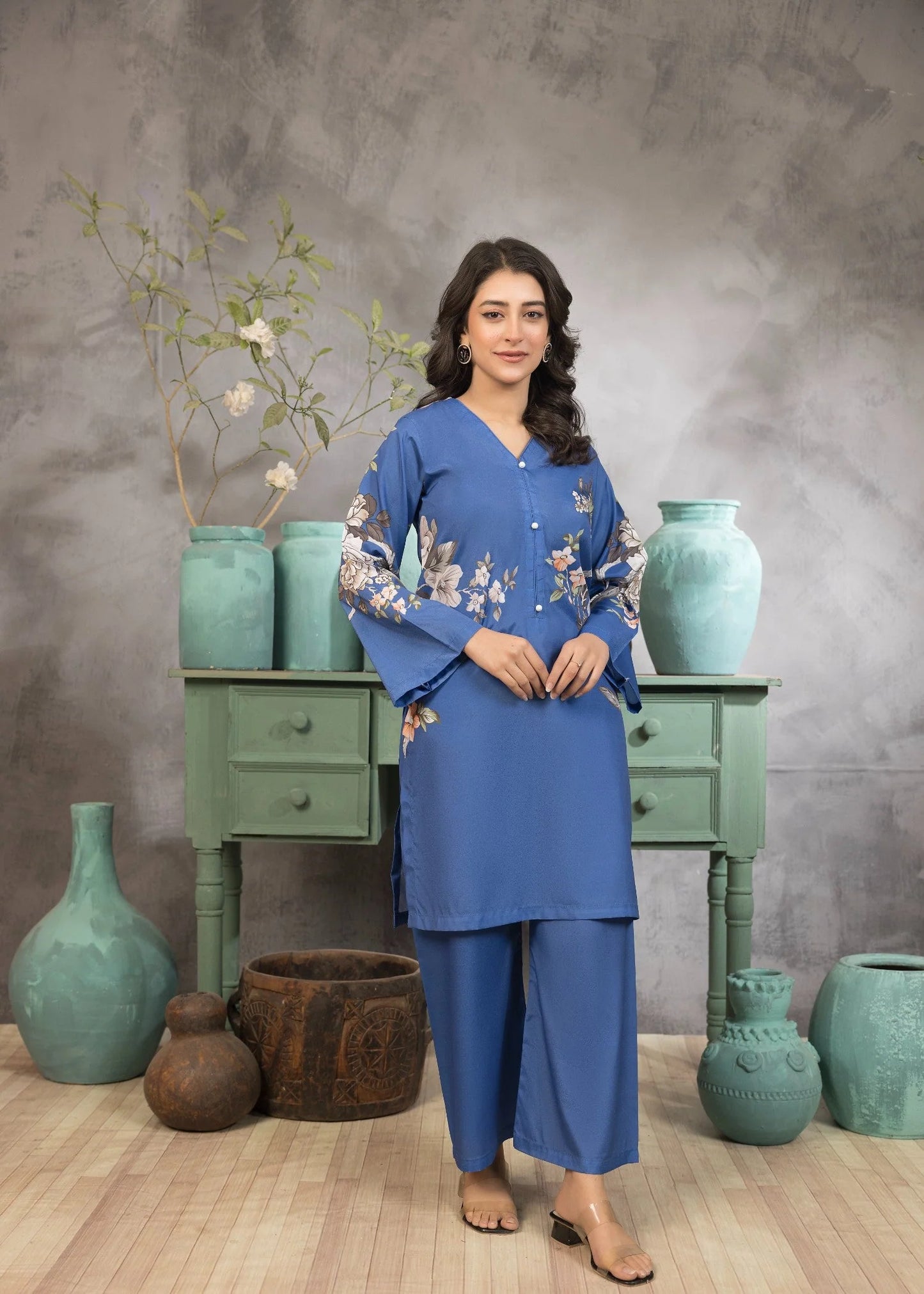 LIGHT BLUE FLORAL BUTTONED 2 PC CO ORD
